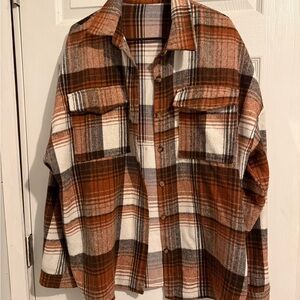 Rust Plaid Button-Up Shacket with Chest Pockets